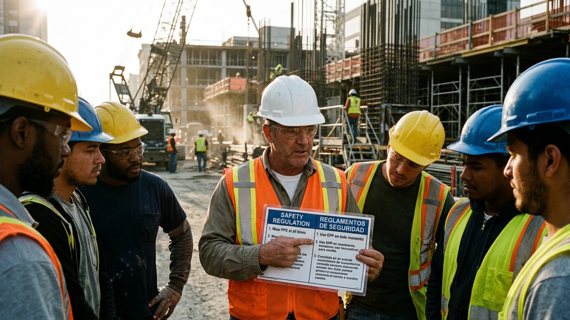 Construction foreman reviewing bilingual safety documents with crew